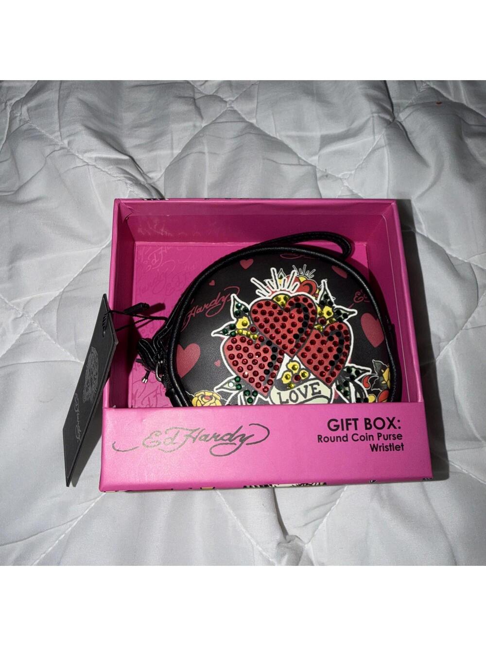 Ed Hardy Gift Box Black Love Rhinestone Hearts Round Coin Purse Wristlet NWT